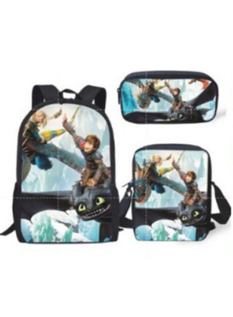 Printed backpack polyester schoolbag large-capacity cross-body bag student-X11-Dragon Trainer (general standard three-piece set) - Image 1