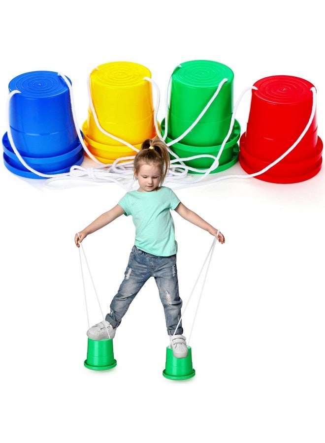 Hungdao 4 Pairs Balancing Stilts Walking Bucket Stilts Plastic Walking Stilts Toy with Adjustable Rope for Preschool Playground Indoor Outdoor Obstacle Course Games, 4 Colors - Image 1
