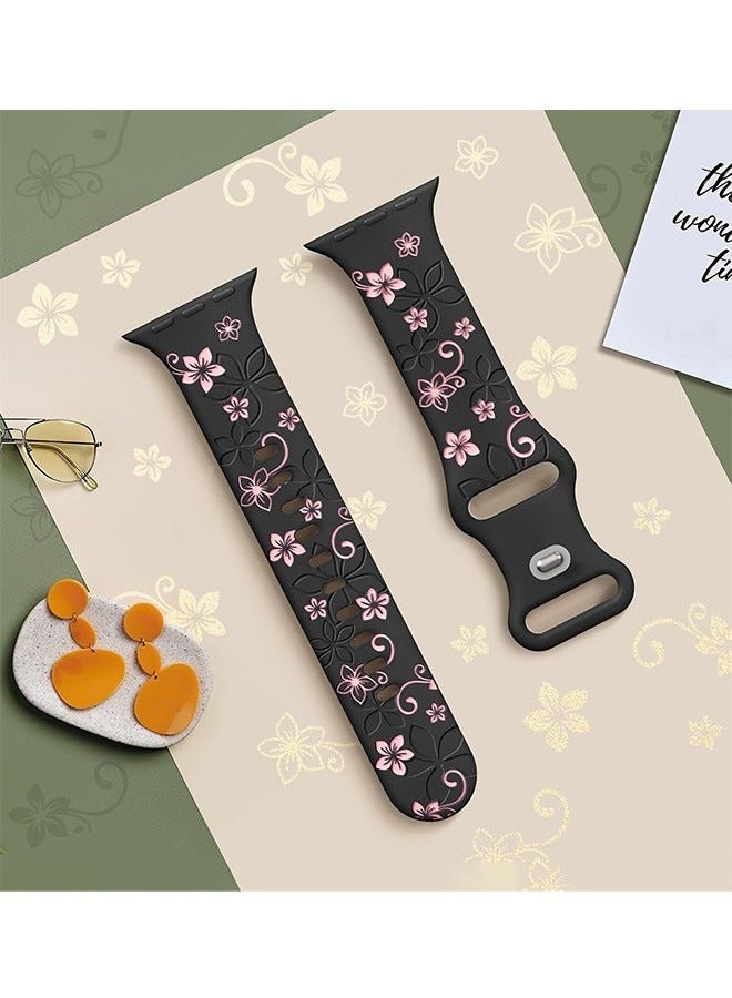Apple Watch Strap, Floral Engraved Bands Compatible with Apple Watch Band 38mm 40mm 41mm 42mm for Women,Cute Flower iWatch Bands Soft Silicone Sport Strap for iWatch Series SE 10 9 8 7 6 5 4 3 Ultra - Image 3