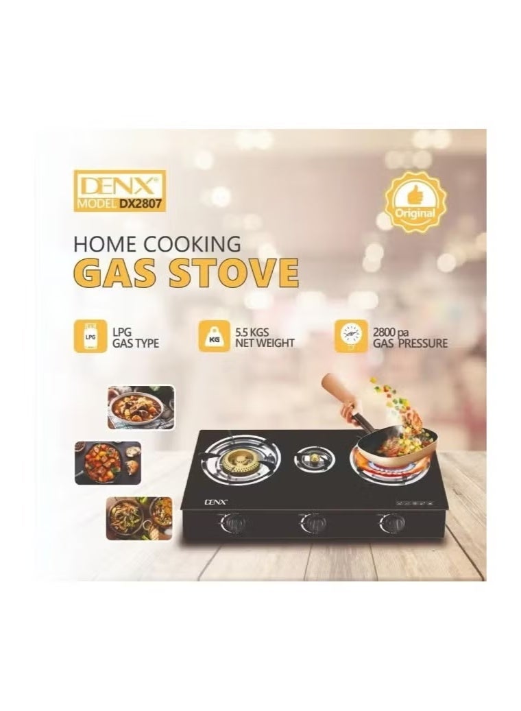 Denx Home Cooking Gas Stove Model DX2807 – 3 Burners with Gold-Plated Caps, Automatic Ignition, Sleek Design, 5.5kg Weight, 2800 Pa Gas Pressure – LPG Compatible - Image 1