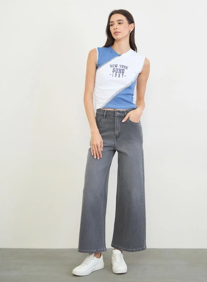 Styli Off White Slogan Print Color Block Tank Top with Lace Trim