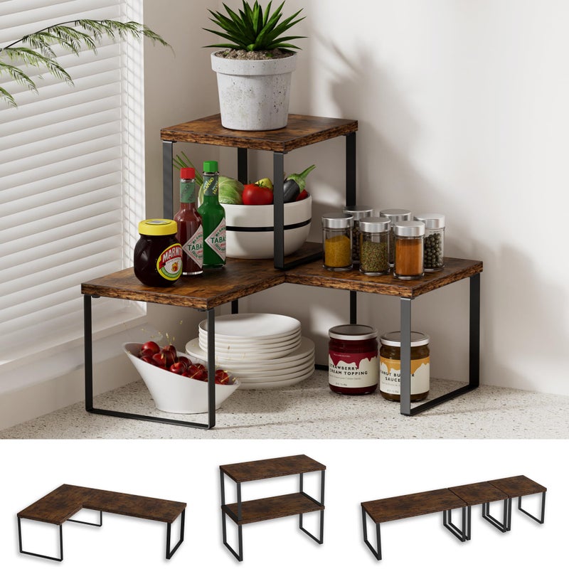 Golener Countertop Organizer Corner Shelf, 2 Tier Adjustable Stackable Corner Shelves for Kitchen, Bathroom, Spice Rack, Coffee Area, Cabinet, Dresser Table, Corner Counter Shelf Stand, Rustic Brown - Image 1