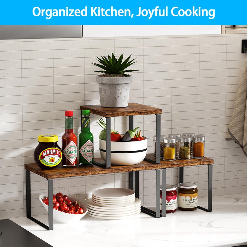 Golener Countertop Organizer Corner Shelf, 2 Tier Adjustable Stackable Corner Shelves for Kitchen, Bathroom, Spice Rack, Coffee Area, Cabinet, Dresser Table, Corner Counter Shelf Stand, Rustic Brown - Image 2
