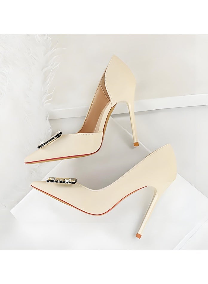 بيج تري المضخات النسائية مغلقة أشارت إصبع القدم الكعب العالي الحزب فستان الأحذية كريم أبيض 10.5CM - Image 3