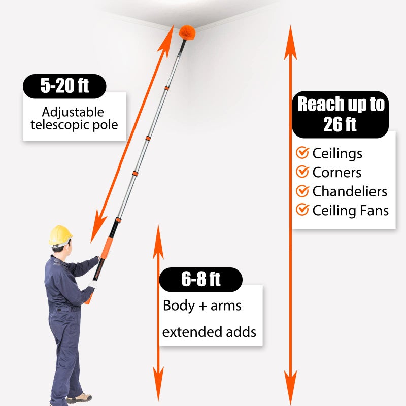 Buyplus 26FT Reach Cobweb Duster, Outdoor Spider Web Cleaner Brush with Professional 5-20FT Extension Pole, Non-Shedding Fluffy Bristles, Suitable for Ceiling and Corner Dusters for Indoor and Outdoor - Image 3