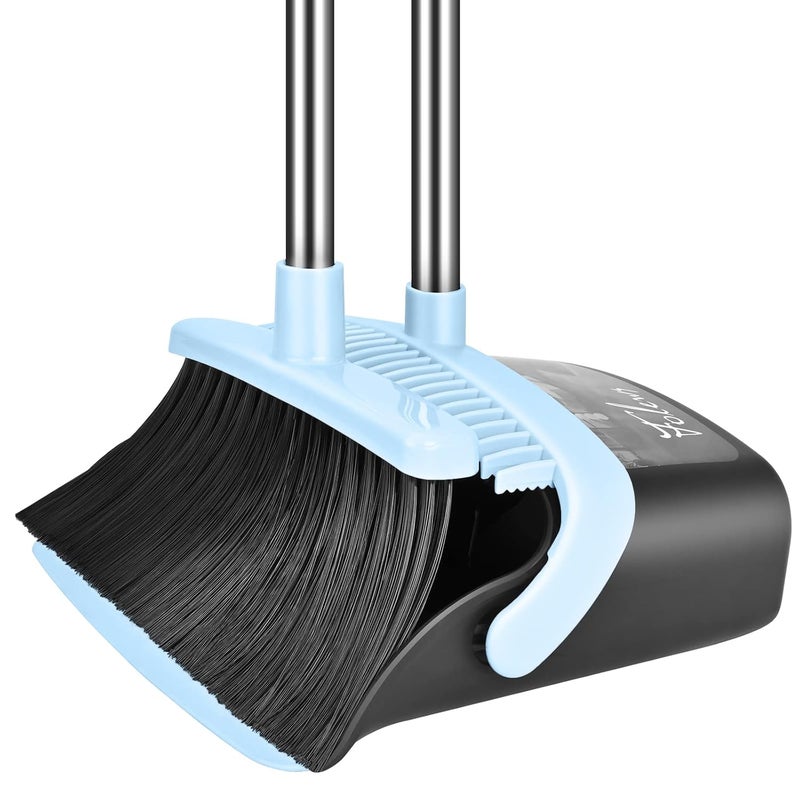 Folews Broom and Dustpan Set Heavy Duty 51 Inch Long Handle Broom and Dust Pan Commercial Large Broom with Dustpan Combo Set Upright Dustpan Broom for Lobby Home Kitchen Outdoor Indoor Blue