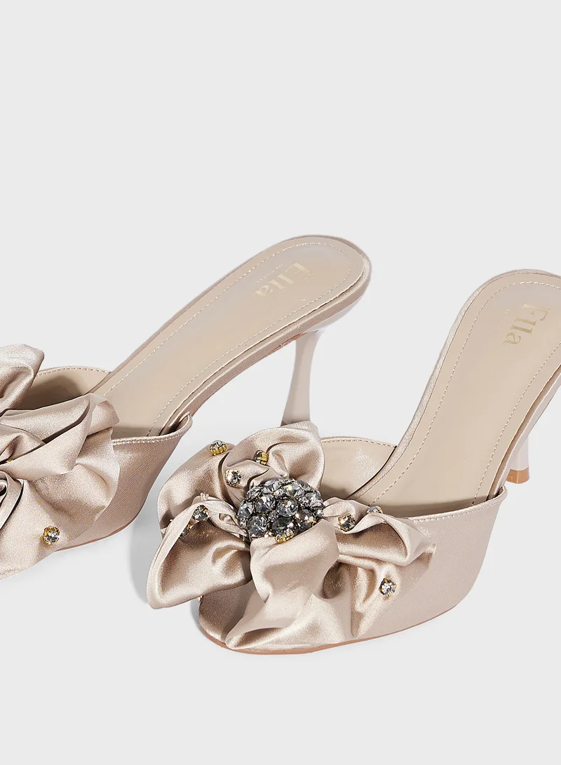 Ella Limited Edition Embellished Bow Mule Satin Heeled Sandal