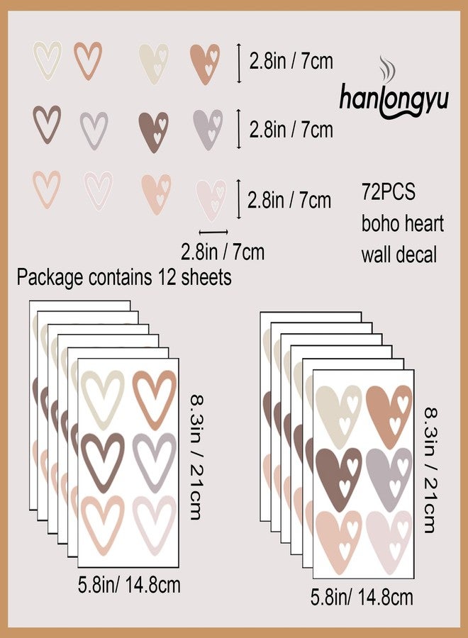 hanlongyu 72 قطعة من ملصقات الحائط على شكل قلب بوهو، ملصقات حائط على شكل حب لغرفة نوم الفتيات، جداريات فينيل فنية قابلة للإزالة لتزيين غرفة الأطفال، ملصقات حائط قابلة للإزالة، ديكورات لطيفة يمكنك صنعها بنفسك - Image 2