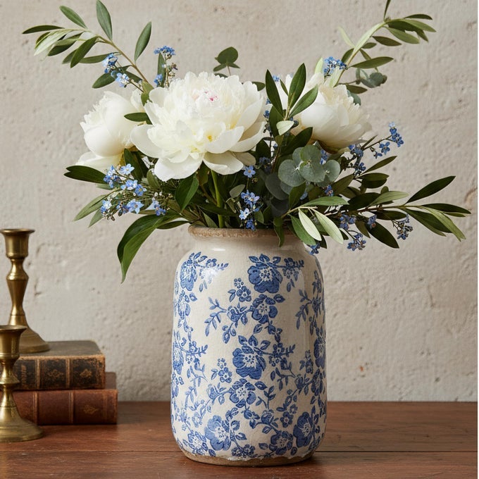 VINTAGE BLUE AND WHITE CHINOISERIE CERAMIC VASE 69 HANDPAINTED PEONY FLORAL DESIGN ANTIQUE STYLE VASES FOR HOME DECOR CENTERPIECES LIVING ROOM BALCONY