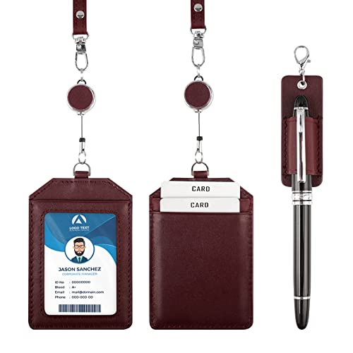 boshiho Office Badge Holder - Boshiho Genuine Leather Credit ID Card Holder with Stretch Neck Lanyard Vertical Style (Wine) - Image 2