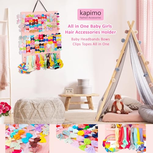kapimo Hair Clip Bow Ties Organizer for Girls Kids, Hair Bow Holder Closet Wall Hanging Holder, Soft Felt Hairband Storage for Girls Baby Hair Accessories (2-Layered, Pink) - Image 5