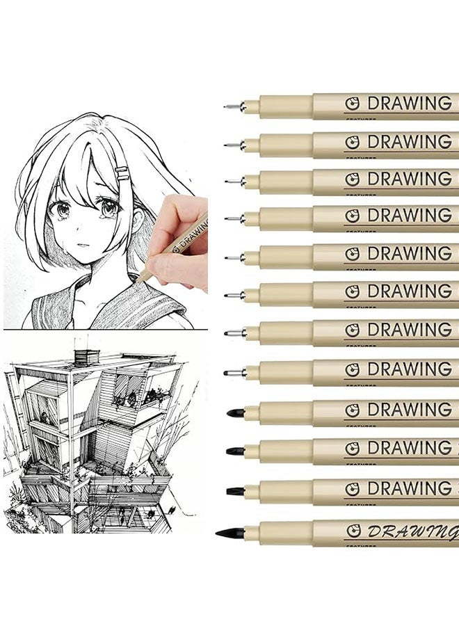 12 قطعة أسود الرسم القلم، السائل ميكرو Fineliner الرسم الفن القلم، مقاومة للماء وسريعة التجفيف ميكرو نقطة رسم القلم للفنان والمانغا، الفن القلم مجموعة للرسم، التقنية والرسم - Image 1