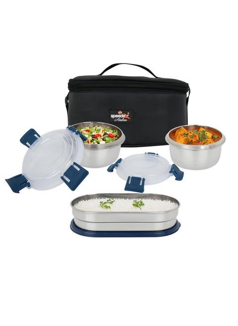 Speedex Happy Meal Ultimate Lunch Box Set 2 x 350ml Containers 1 x 550ml Container Lock Lock Zipper Bag Fabric Bag LeakProof Durable Portable Blue