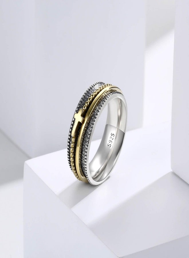 Sariel Cross Fidget Ring for Women - 925 Sterling Silver Spinner Rings Spinning Band Rings Wide Hammered, Silver, No Gemstone - Image 2