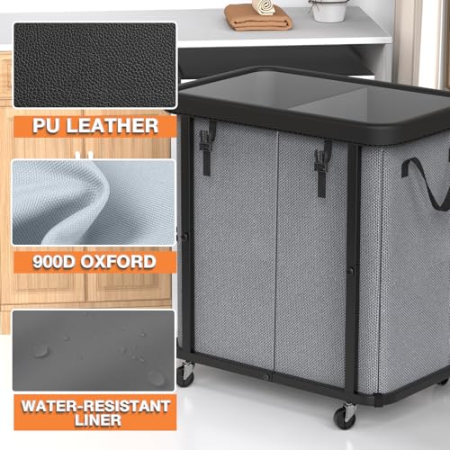 alentar 190L (50 Gal) Large Fashion Laundry Basket with Wheels, Leather Patchwork Rolling Hamper Carts, Sturdy Metal Frame, Removable Washable Bag, Tall Clothes Sorter for Bedroom - 2 Setion Gray - Image 2
