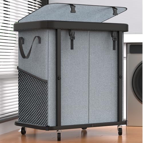 alentar 190L (50 Gal) Large Fashion Laundry Basket with Wheels, Leather Patchwork Rolling Hamper Carts, Sturdy Metal Frame, Removable Washable Bag, Tall Clothes Sorter for Bedroom - 2 Setion Gray - Image 1