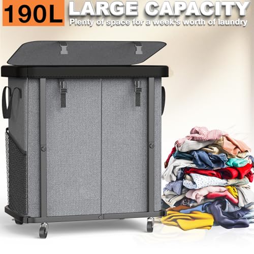 alentar 190L (50 Gal) Large Fashion Laundry Basket with Wheels, Leather Patchwork Rolling Hamper Carts, Sturdy Metal Frame, Removable Washable Bag, Tall Clothes Sorter for Bedroom - 2 Setion Gray - Image 3
