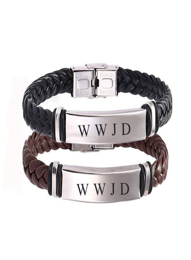 Sunling 2 Pack Dainty Braided Leather WWJD Bracelet for Men Women Inspirational Religious Reminder Jewerly Gift for Him Her - Image 1