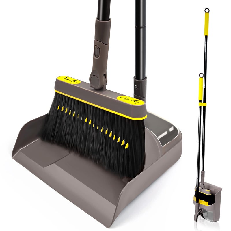 JEHONN Broom with Dustpan Combo Set Long Handle Lightweight 180 Degree Rotating Sweeping Brush Indoor Upright Standing Dust Pan with Comb Teeth for Home Room Kitchen Office Lobby Brown Yellow