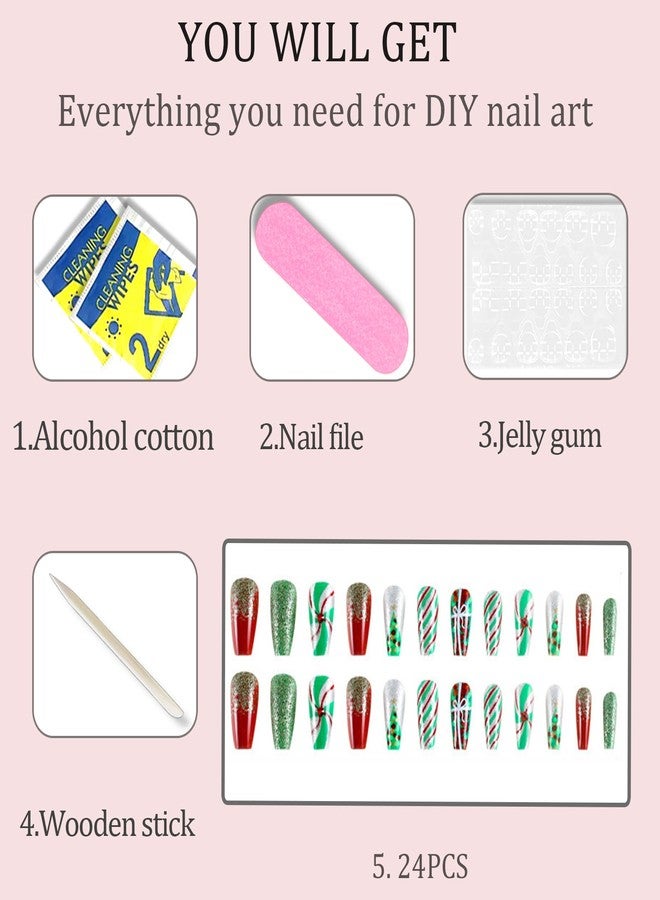 WAFOLOZE Christmas Press On Nails Medium, Christmas Nails Glue On，Coffin Fake Nails With Glue, Christmas Nails Press On With Christmas Tree Green and Red Stripes Design，Stick On Nails for Women 24Pcs - Image 5