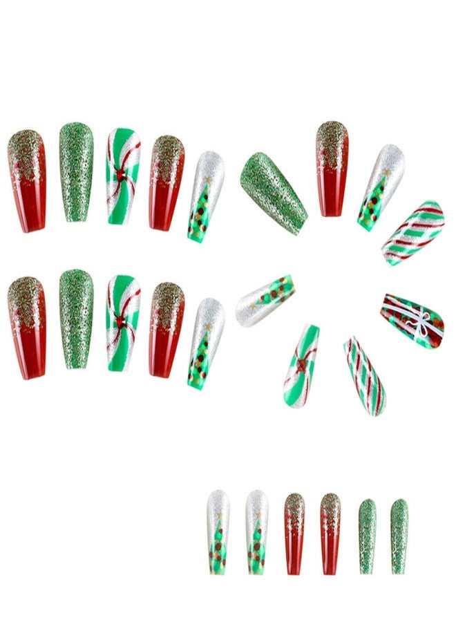 WAFOLOZE Christmas Press On Nails Medium, Christmas Nails Glue On，Coffin Fake Nails With Glue, Christmas Nails Press On With Christmas Tree Green and Red Stripes Design，Stick On Nails for Women 24Pcs - Image 4