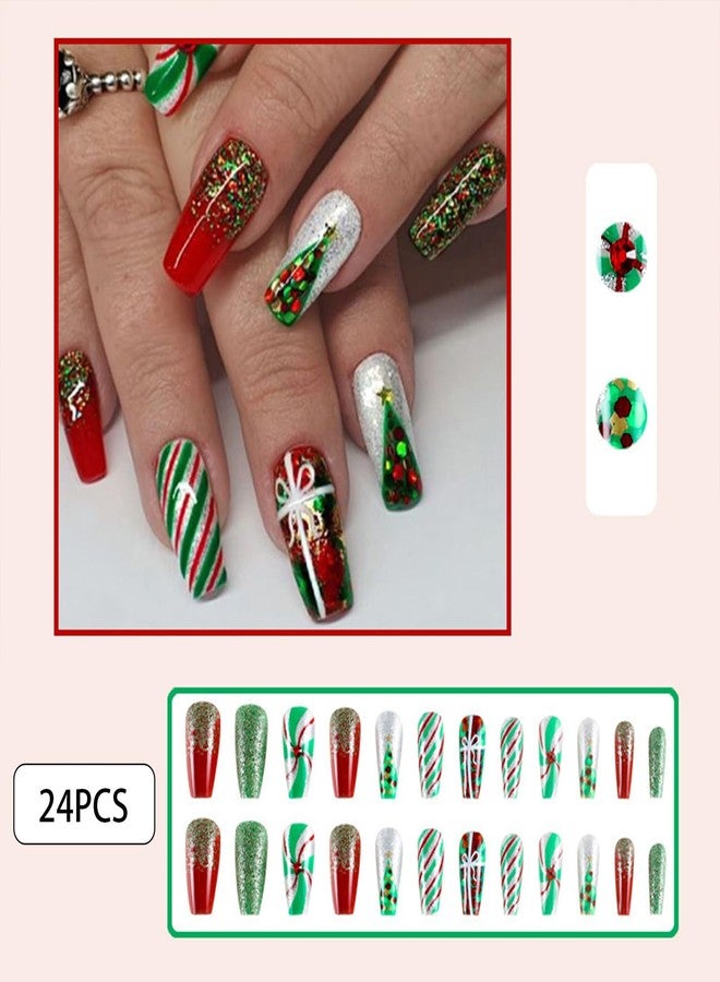WAFOLOZE Christmas Press On Nails Medium, Christmas Nails Glue On，Coffin Fake Nails With Glue, Christmas Nails Press On With Christmas Tree Green and Red Stripes Design，Stick On Nails for Women 24Pcs - Image 2