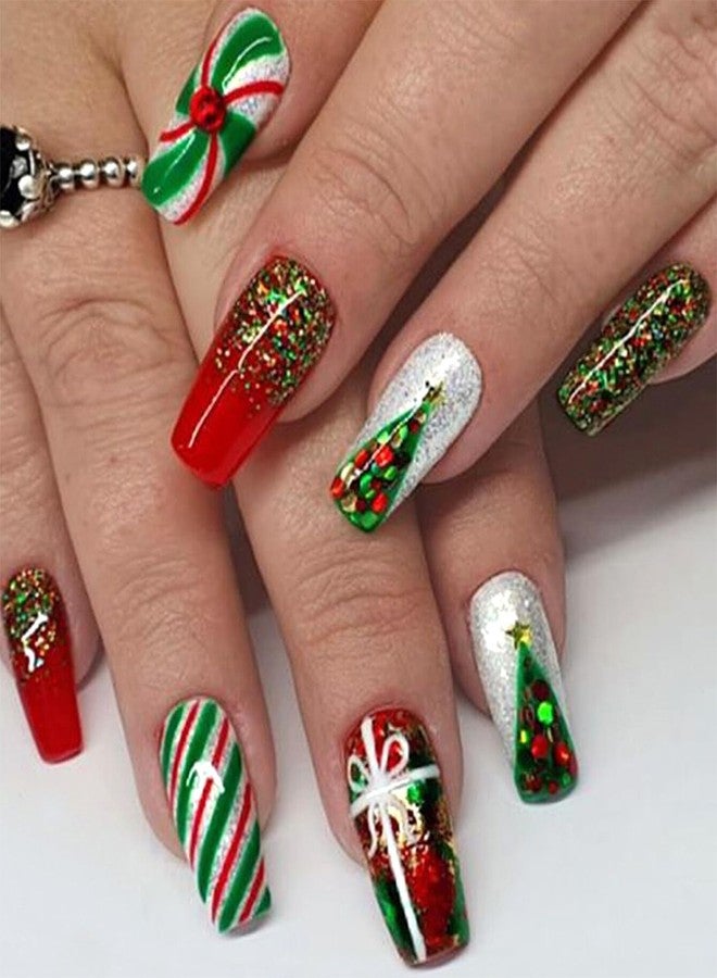 WAFOLOZE Christmas Press On Nails Medium, Christmas Nails Glue On，Coffin Fake Nails With Glue, Christmas Nails Press On With Christmas Tree Green and Red Stripes Design，Stick On Nails for Women 24Pcs - Image 1
