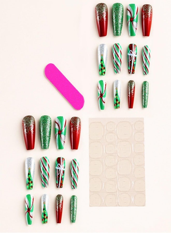 WAFOLOZE Christmas Press On Nails Medium, Christmas Nails Glue On，Coffin Fake Nails With Glue, Christmas Nails Press On With Christmas Tree Green and Red Stripes Design，Stick On Nails for Women 24Pcs - Image 3