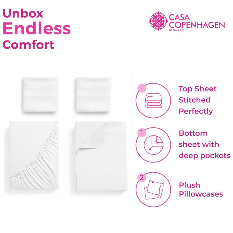 CASA COPENHAGEN® Luxuria 5Pcs Splitking Sheet Set- Designed in Denmark, 100% AirCool Cotton Bed Sheets, Includes 1 Flat Sheet, 2 Deep Pocket Fitted Sheet & 2 Pillowcase Set of 5- Bright White - Image 2