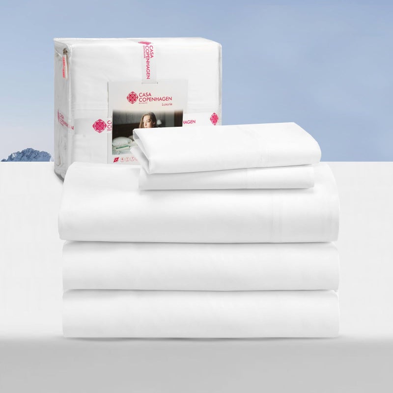 CASA COPENHAGEN® Luxuria 5Pcs Splitking Sheet Set- Designed in Denmark, 100% AirCool Cotton Bed Sheets, Includes 1 Flat Sheet, 2 Deep Pocket Fitted Sheet & 2 Pillowcase Set of 5- Bright White - Image 1