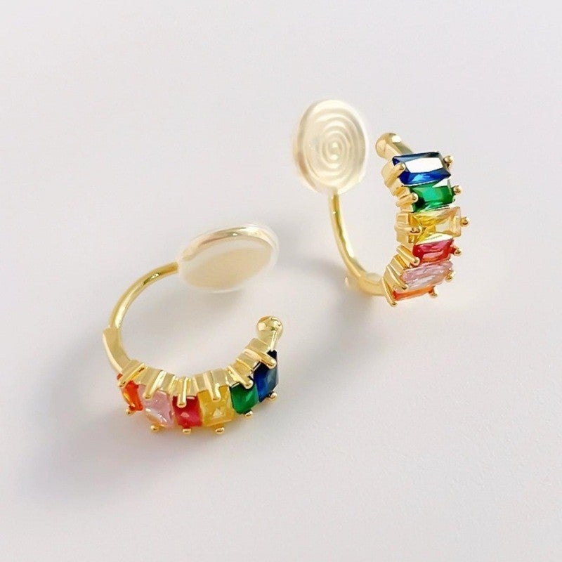 Cross-border Hot Sale Colorful Zircon Earrings Womens Personalized Fashion Design Ear Clips Without Ear Holes Hot Sale Rainbow Contrast Color Earrings A0232 ear clip - Image 5