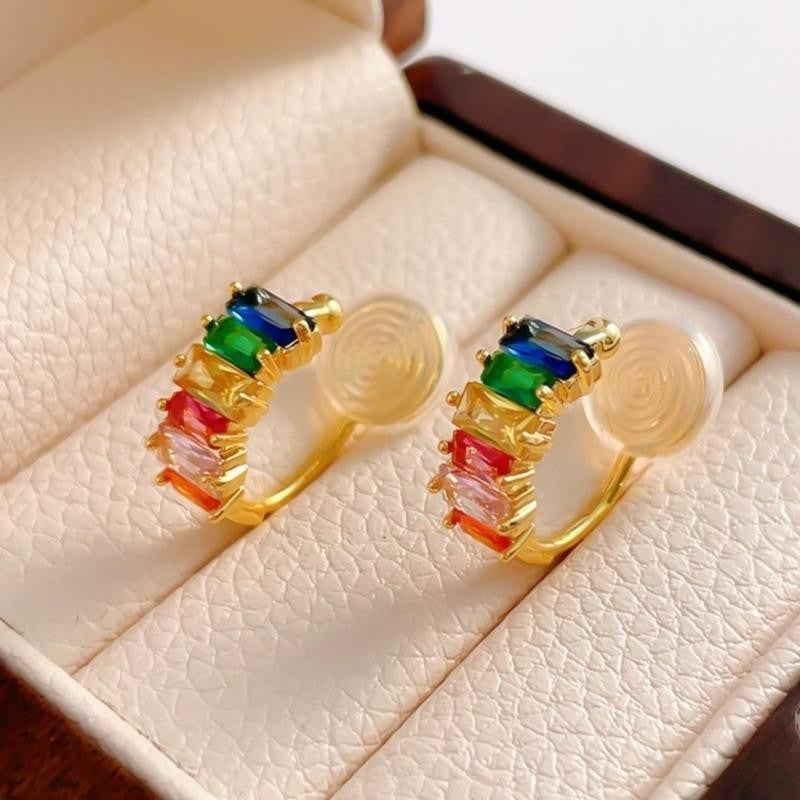 Cross-border Hot Sale Colorful Zircon Earrings Womens Personalized Fashion Design Ear Clips Without Ear Holes Hot Sale Rainbow Contrast Color Earrings A0232 ear clip - Image 3