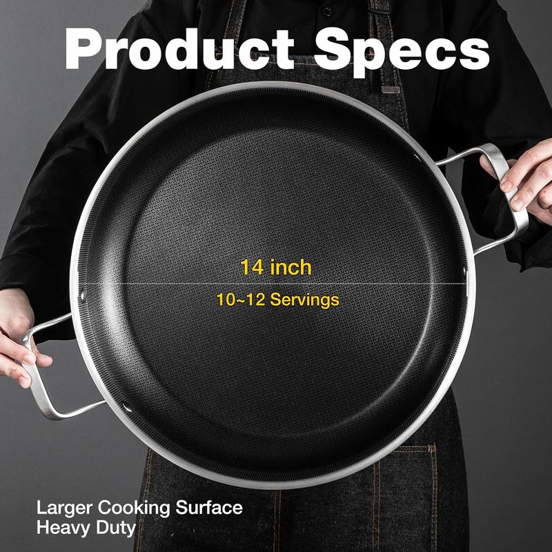 Yeksum Paella Pan with Lid - 14.5" Honeycomb Tri-Ply 18/10 Nonstick Paella Pan, 12-Serving Deep Design, Oven/Dishwasher Safe 550°F, Universal Stainless Steel Skillet - Image 3