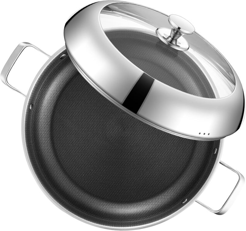 Yeksum Paella Pan with Lid - 14.5" Honeycomb Tri-Ply 18/10 Nonstick Paella Pan, 12-Serving Deep Design, Oven/Dishwasher Safe 550°F, Universal Stainless Steel Skillet - Image 1