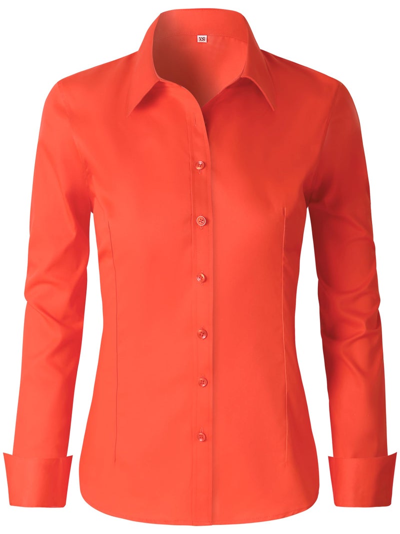 CUNLIN Orange Shirts for Women Fitted Button Down up Shirt Dressy Casual Cotton Slim Long Sleeve Dress Woman v Neck Western Work Blouse top Womens Tunic Tops Orange Red XL - Image 2