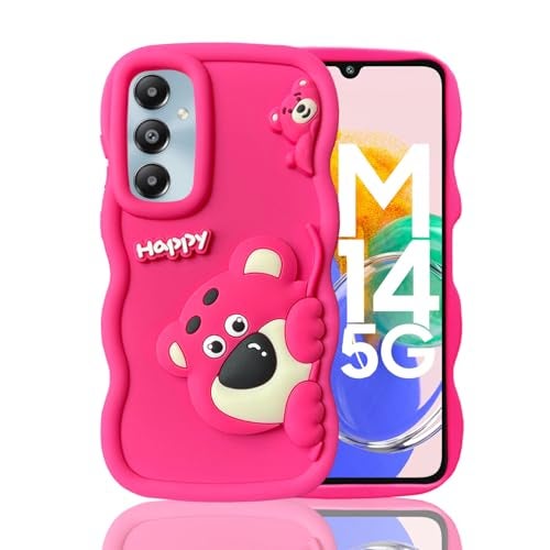 KC Back Cover for Samsung Galaxy M14 5G - 3D Big Wave Cute Cartoon Character Hanging Bear Shockproof Soft Bumper Silicone Case with Camera Protection (Pink) - Image 1
