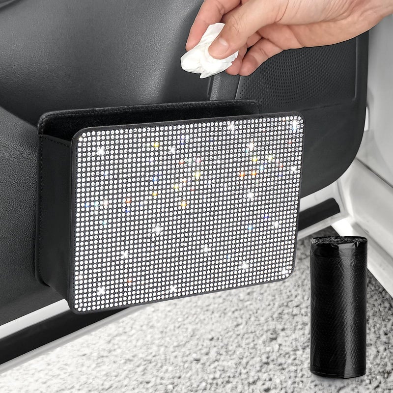 Accmor Bling Car Trash Can, Foldable Vehicle Trash Bin Dustbin Garbage Organizer Storage, Sparkling Crystal Rhinestone Trash Bags Holder Container with 30pcs Garbage Bag Car Accessories for Auto, SUV - Image 1