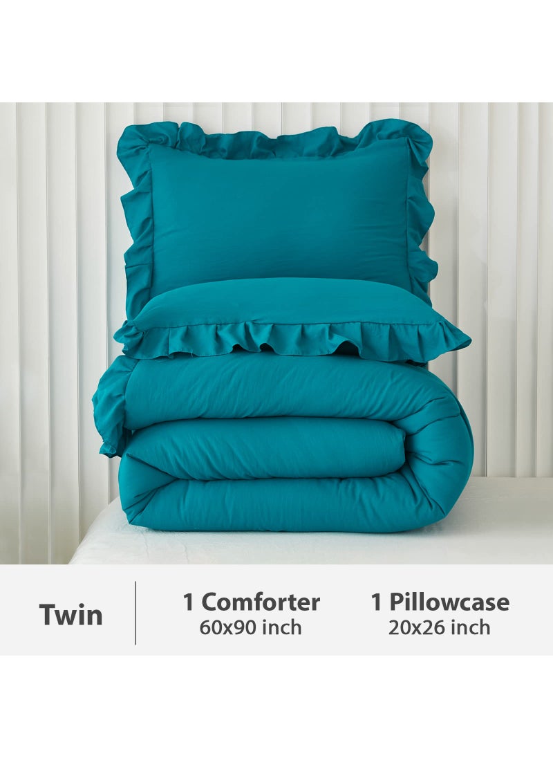 Andency Andency Turquoise Comforter Set Twin Size  2 Pieces Shabby Chic Ruffle Bed Comforter Set for Kids Boys Girls  All Season Soft Lightweight Solid Down Alternative Bedding Set  - Image 2