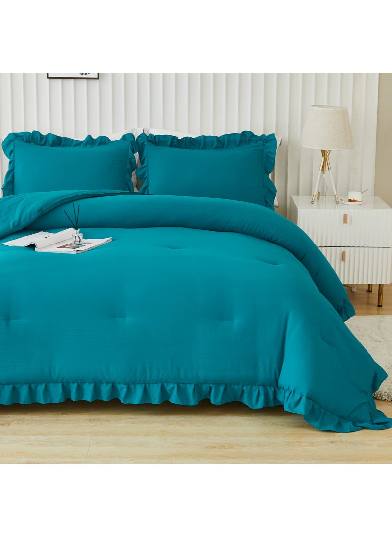 Andency Andency Turquoise Comforter Set Twin Size  2 Pieces Shabby Chic Ruffle Bed Comforter Set for Kids Boys Girls  All Season Soft Lightweight Solid Down Alternative Bedding Set  - Image 1