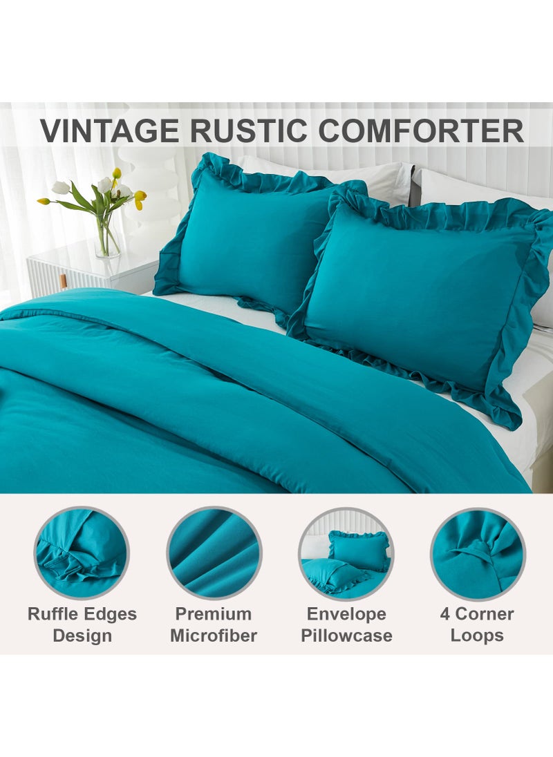 Andency Andency Turquoise Comforter Set Twin Size  2 Pieces Shabby Chic Ruffle Bed Comforter Set for Kids Boys Girls  All Season Soft Lightweight Solid Down Alternative Bedding Set  - Image 3