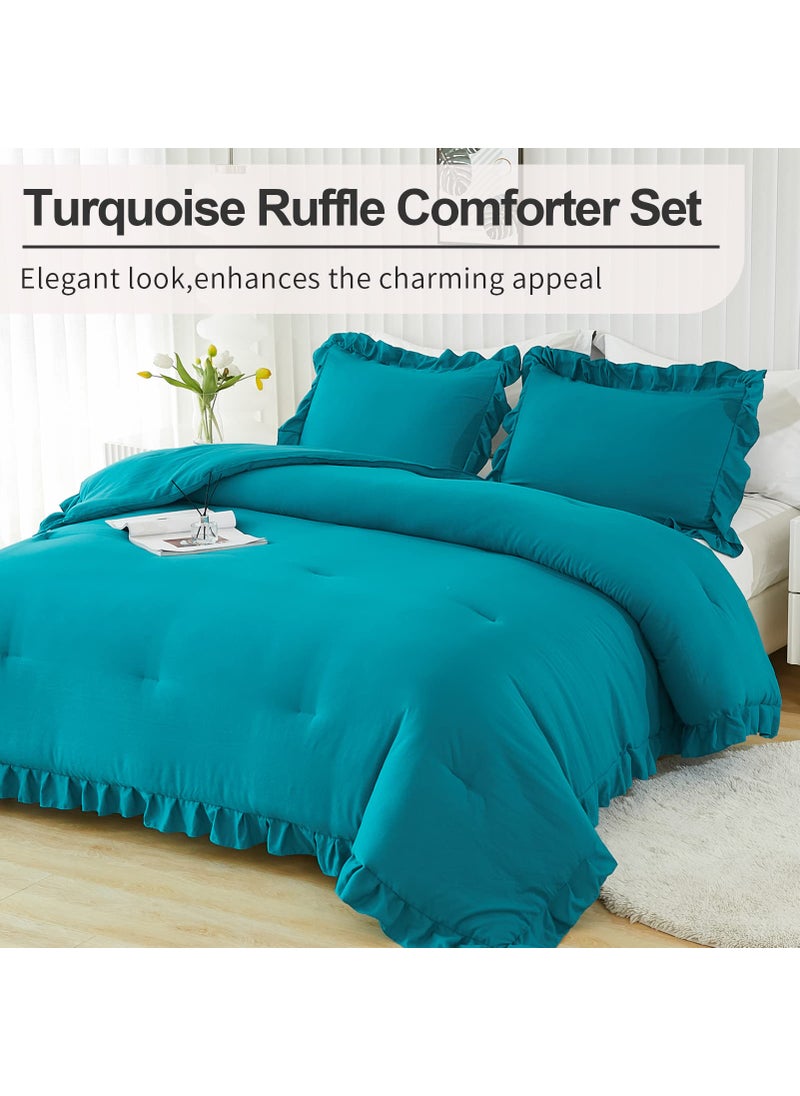 Andency Andency Turquoise Comforter Set Twin Size  2 Pieces Shabby Chic Ruffle Bed Comforter Set for Kids Boys Girls  All Season Soft Lightweight Solid Down Alternative Bedding Set  - Image 5