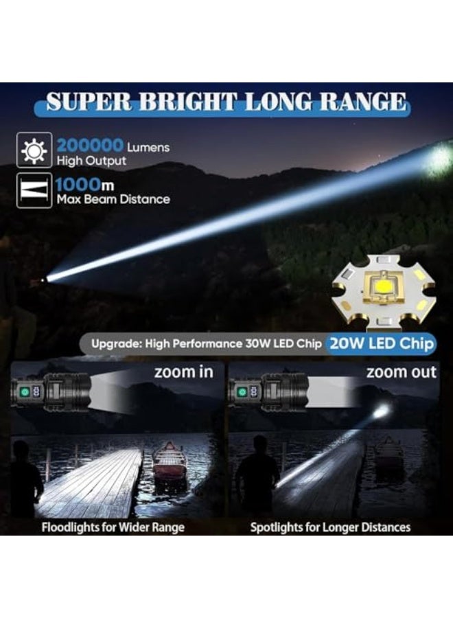 LED Torch Rechargeable Flashlights, High Lumens Super Bright 200000LM Flashlight with Digital Power Display and 5 Modes, Waterproof Zoomable LED Flashlight for Emergencies Camping, Hiking - Image 4