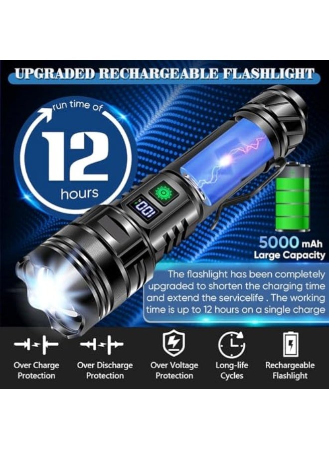 LED Torch Rechargeable Flashlights, High Lumens Super Bright 200000LM Flashlight with Digital Power Display and 5 Modes, Waterproof Zoomable LED Flashlight for Emergencies Camping, Hiking - Image 2