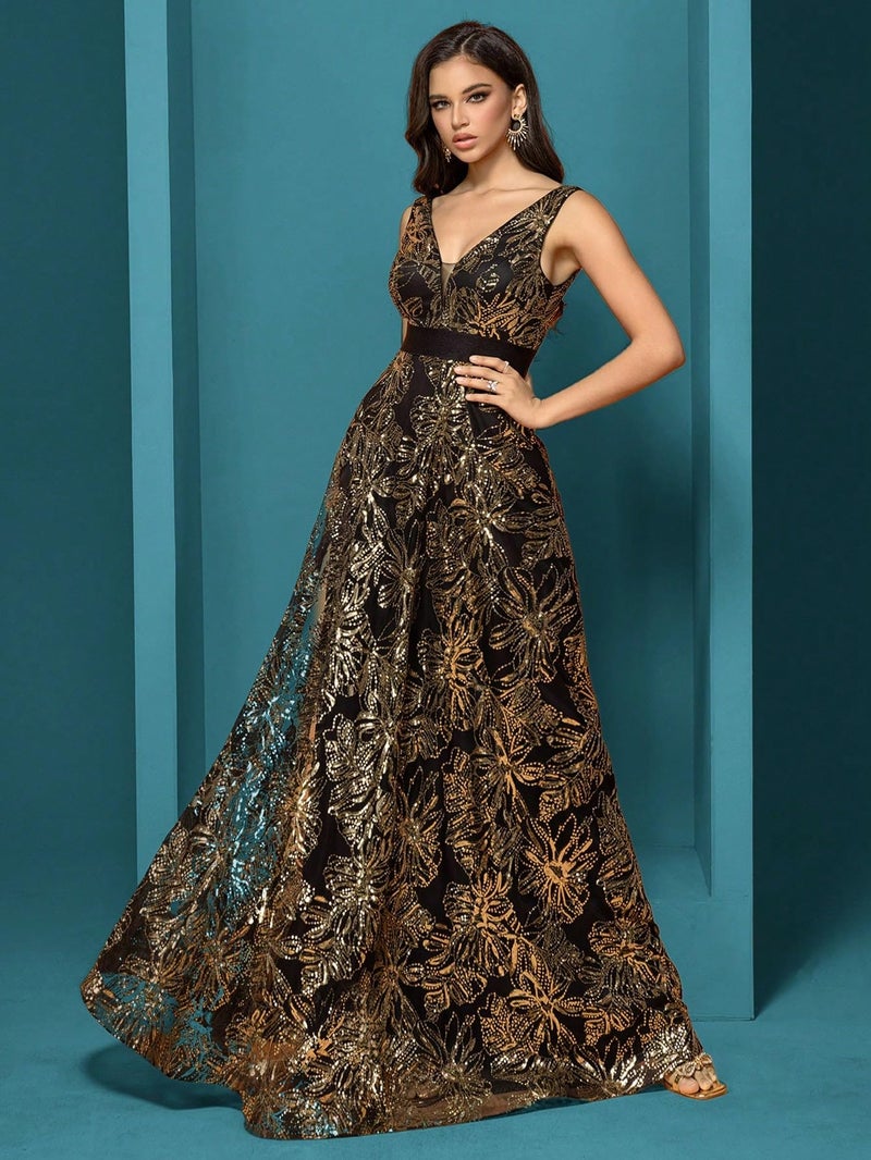 XUIBOL Sleeveless Glitter Sequined Womens Long Formal Gown Aline Prom Dress for Anchorwoman Floor Length Evening Dress Black Gold XL - Image 2
