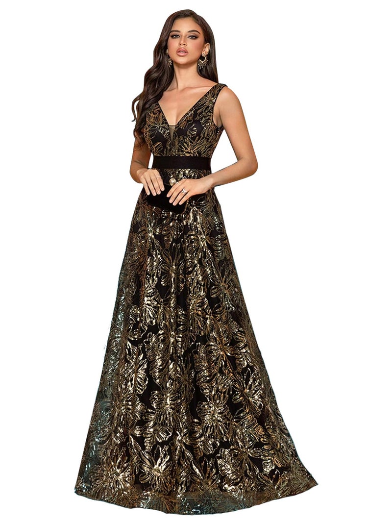 XUIBOL Sleeveless Glitter Sequined Womens Long Formal Gown Aline Prom Dress for Anchorwoman Floor Length Evening Dress Black Gold XL - Image 1