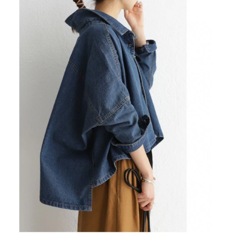 2023 Japanese and Korean New Denim Short Jacket All-match Casual Loose Design Sense Shirt Jacket Solid Color Blue 