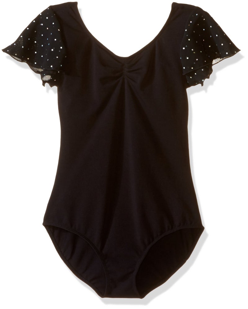 Bloch Dance Girl's Scarlett Flutter Sleeve Leotard with Sequin Dot, Black, Size 8-10 - Image 1