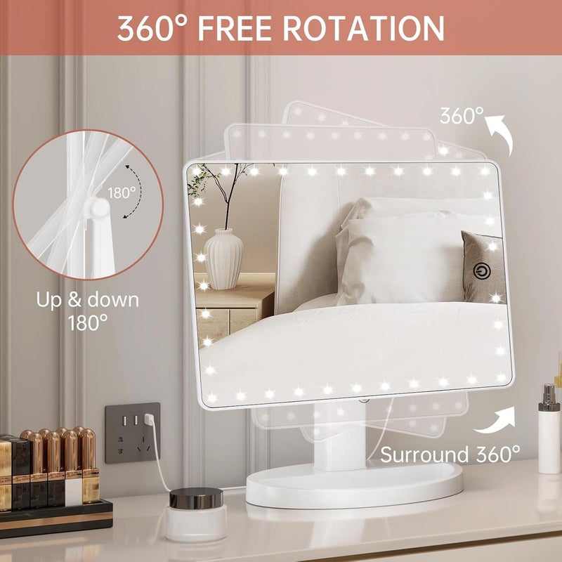 FUNTOUCH Large Lighted Makeup Mirror with Lights, Light Up Mirror with Small 10x Magnification for Desk, 360Â°Rotation Touch Screen,Brightness Adjustable Tabletop Cosmetic Vanity Make Up Mirror - Image 3