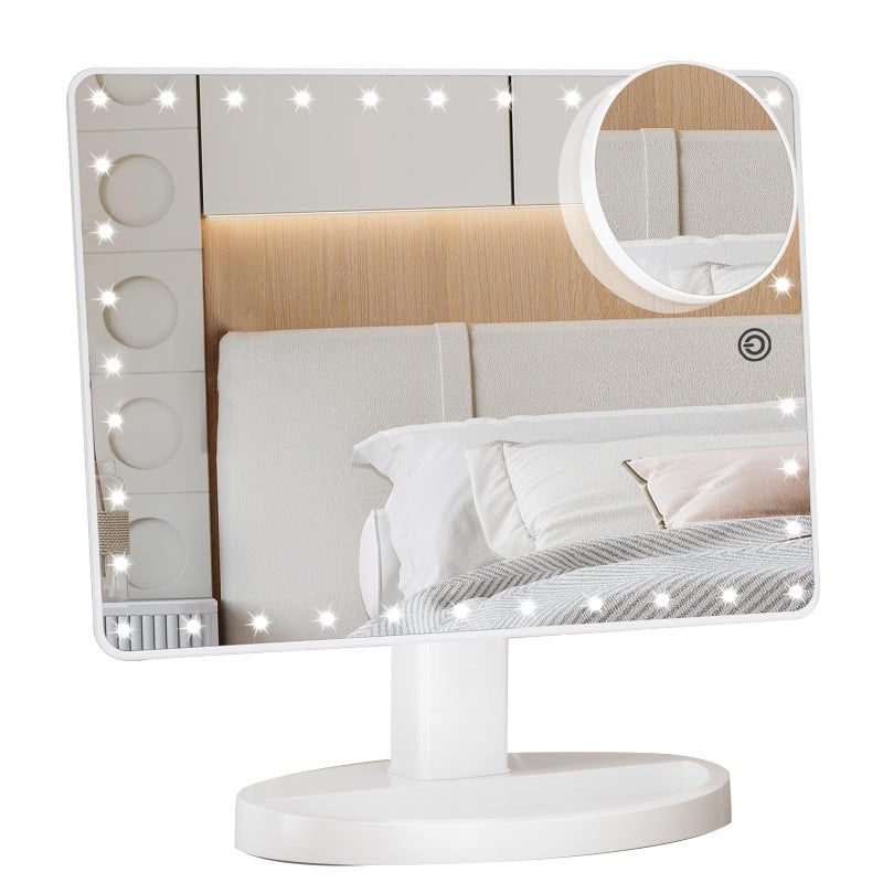 FUNTOUCH Large Lighted Makeup Mirror with Lights, Light Up Mirror with Small 10x Magnification for Desk, 360Â°Rotation Touch Screen,Brightness Adjustable Tabletop Cosmetic Vanity Make Up Mirror - Image 1