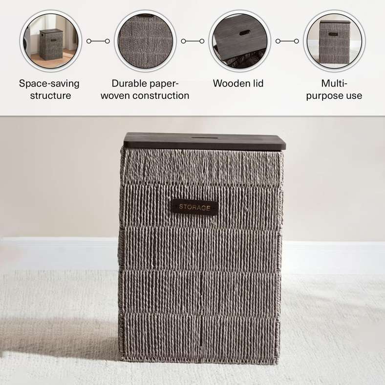 Pan Home سلة غسيل إلينور بغطاء خشبي - رمادي - Image 4